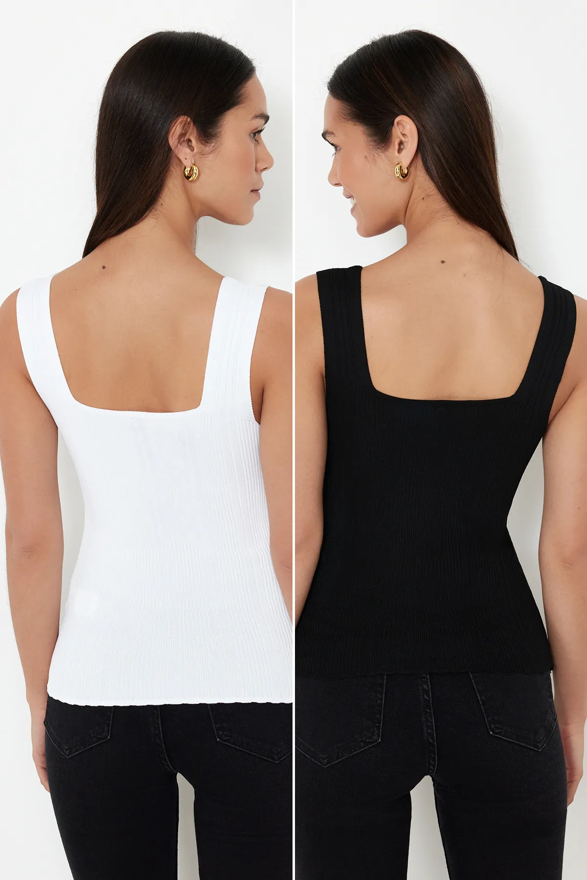 Trendyol Collection  Schwarz-Ecru Basic Doppelpack Top Strickbluse TWOSS24BZ00623
