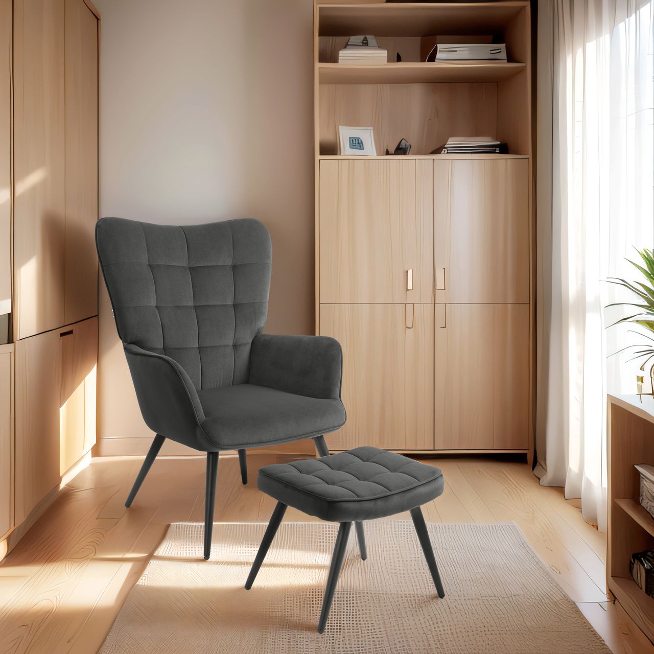 HOMCOM Ohrensessel mit Hocker, Relaxsessel, Loungesessel mit Samtoptik