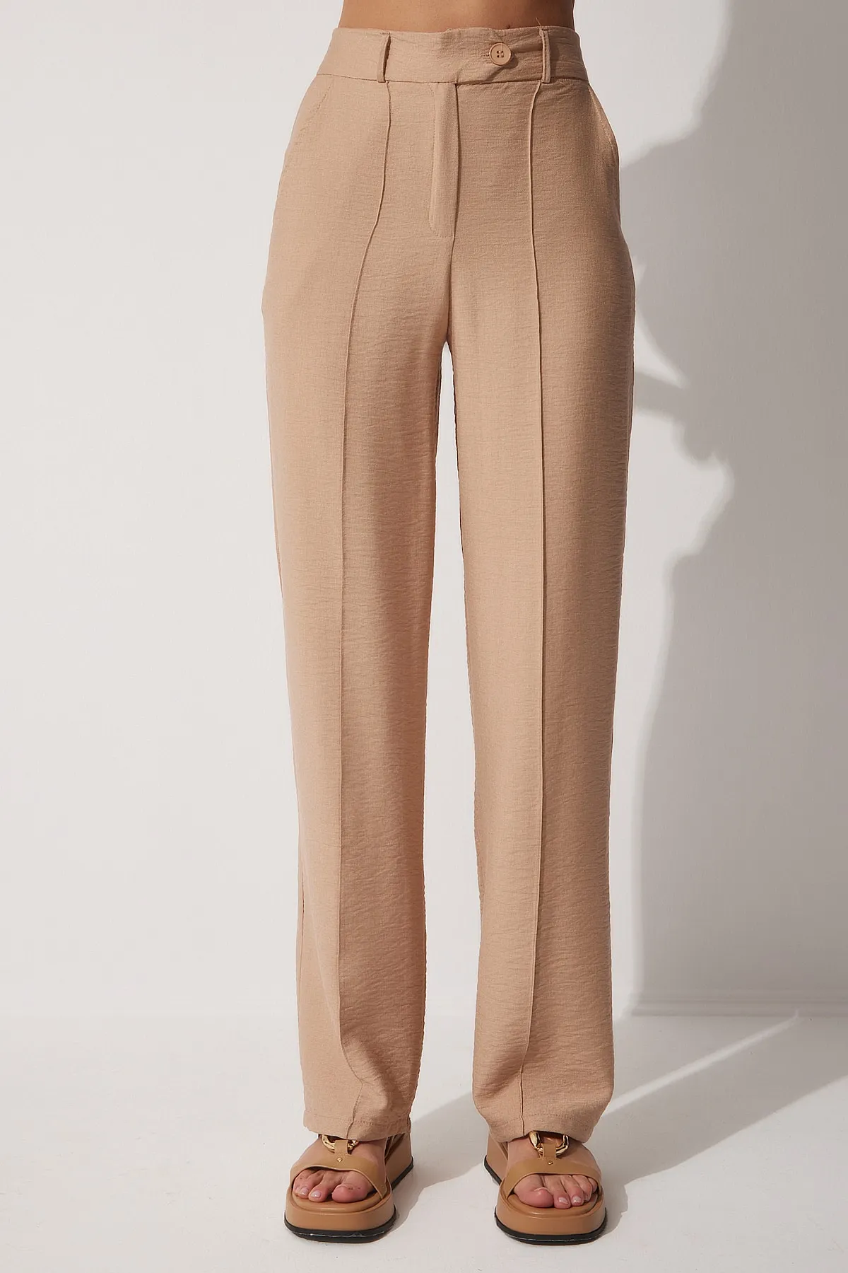 Happiness İstanbul  Biscuit Darts Leinenhose mit weitem Bein für Damen TO00053