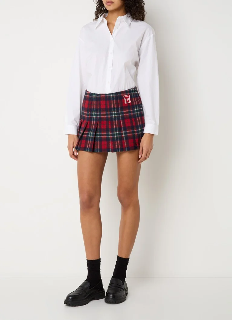 Fustă mini Tommy Hilfiger cu model din amestec de lână și pliuri