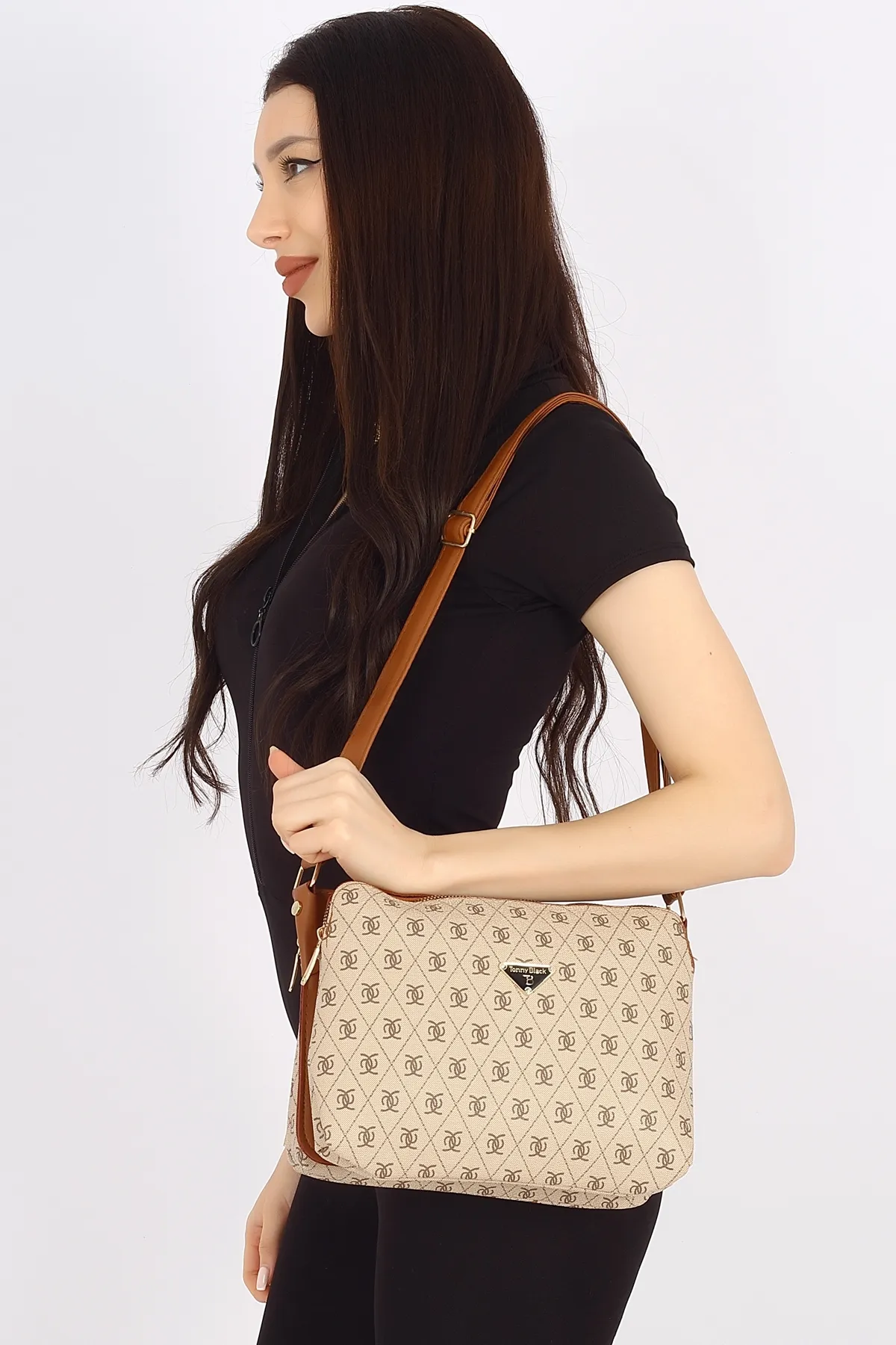 Tonny Black  Original Damen-Umhängetasche mit Reißverschluss und 3 Fächern aus weichem Leder, stilvolles Modell mit verstellbarem Kreuzriemen