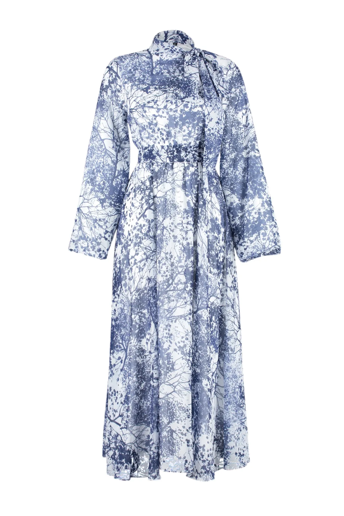 Trendyol Modest  Blaues, langes Abendkleid aus Chiffon mit Blumenmuster und Futter TCTSS24EB00040