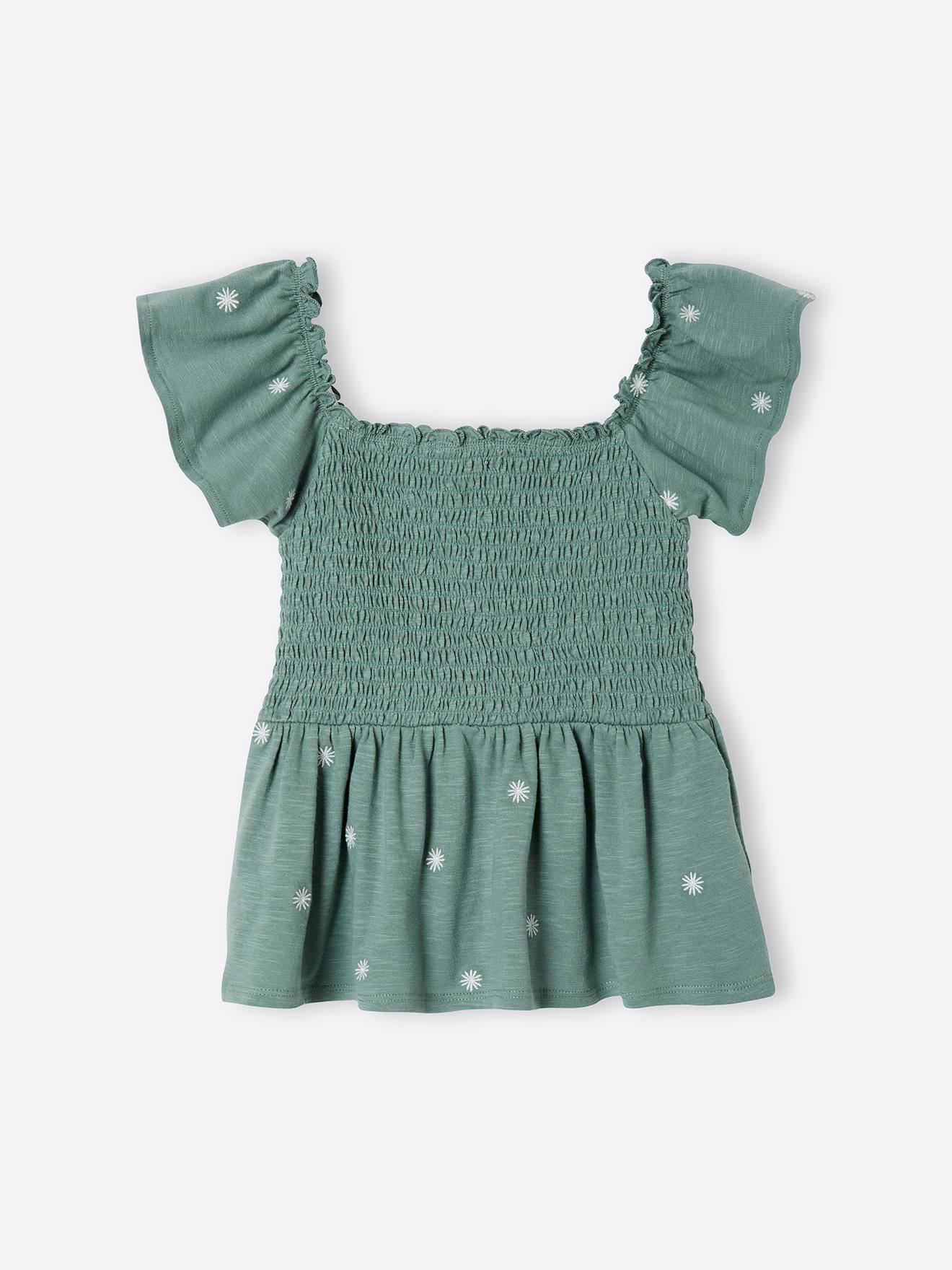 Tee-shirt à smocks fleurs brodées file vert