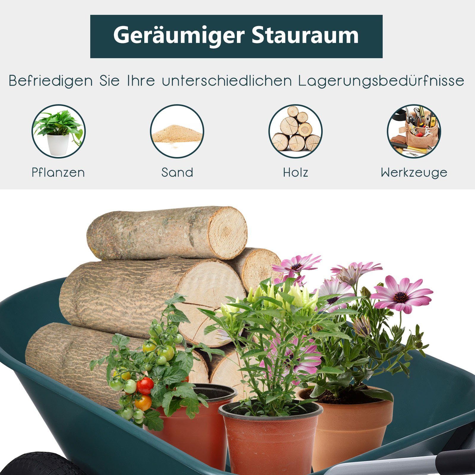 COSTWAY Schubkarre Schiebkarre, mit 2 Räder, 100kg Tragkraft