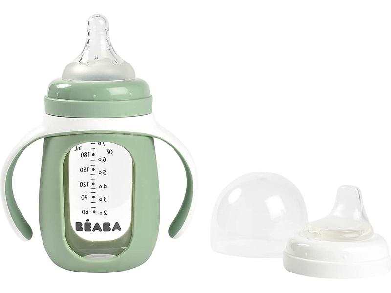 Biberon d'apprentissage en verre 2 en 1 - 210 ml vert sauge