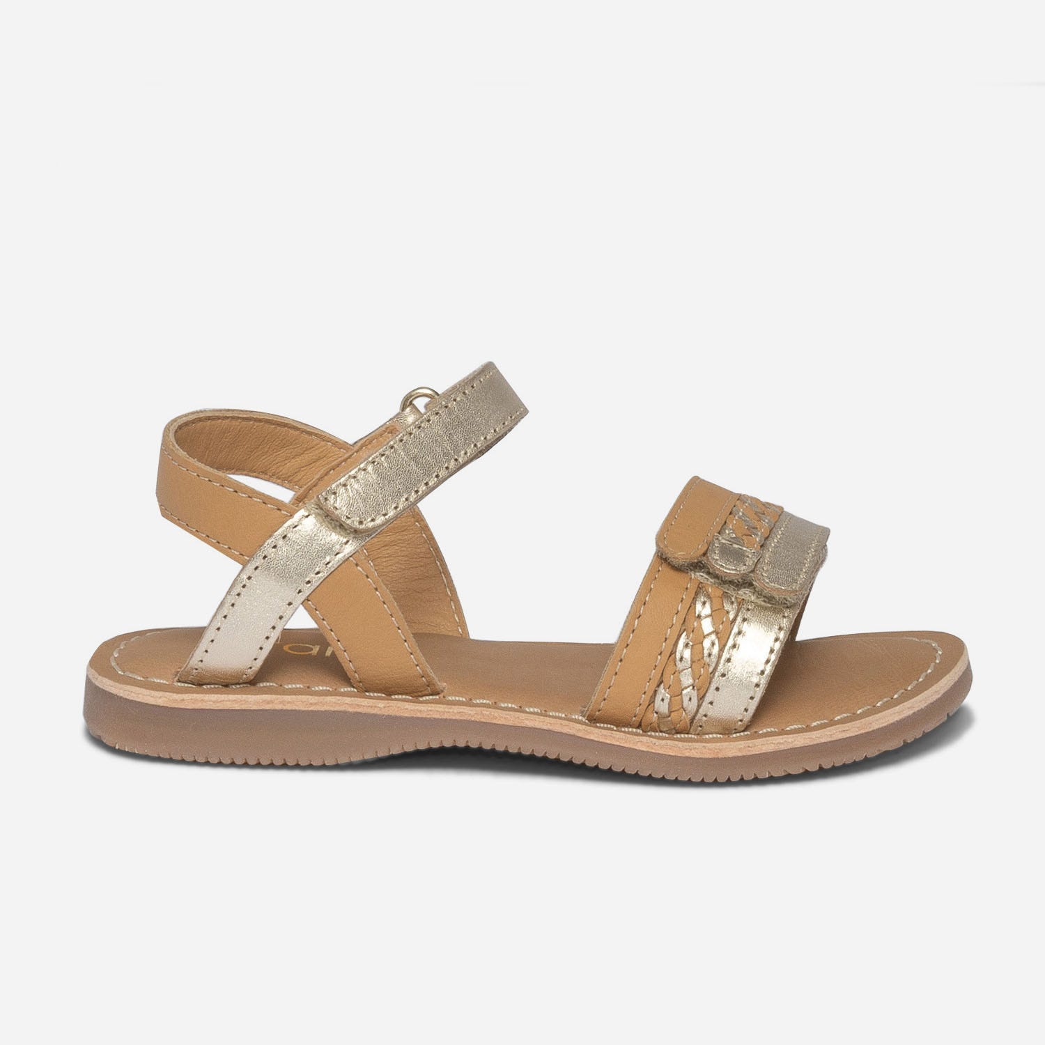 Sandale camel et doré en cuir à scratchs