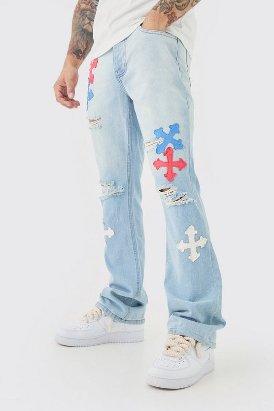 Slim-Fit Schlagjeans mit Applikation in Eisblau