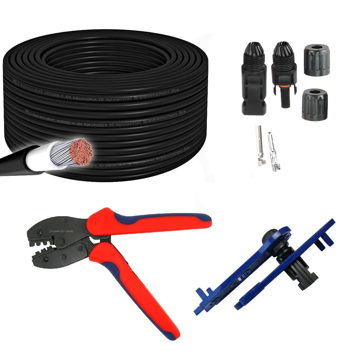 ARLI Solaranlage 100m Solarkabel 4 mm² H1Z2Z2-K + Crimzange + 10 Paar MC4 Stecker, (100m, 1-St., Kabel), Solar Kabel Werkzeug Set