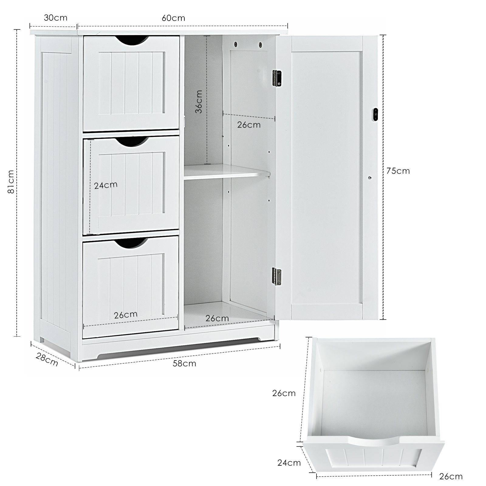COSTWAY Badkommode, 3 Schubladen, mit verstellbarer Ablage, 30 x 60 x 81 cm