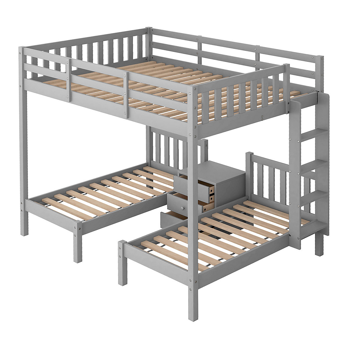 Etagenbett 90x200 Kinderhochbett mit Nachttisch, Dreibett, Massivholz, mit Schrank