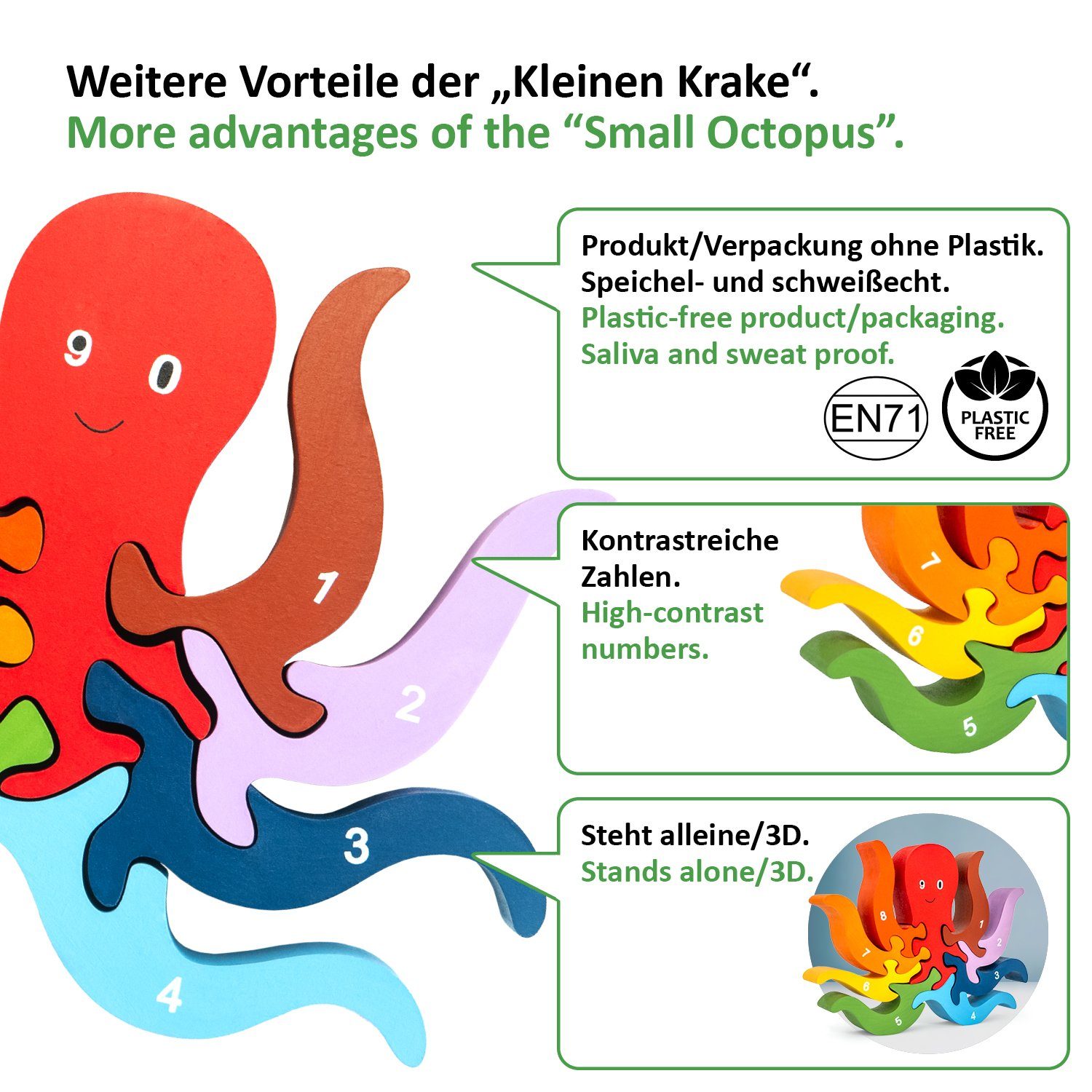 WIESEN.design Lernspielzeug Zahlenpuzzle Kleine Krake, Montessori Spielzeug ab 3 Jahre, Holzpuzzle, DIN EN71 geprüft, Speichel- und schweißfest, gratis Versand