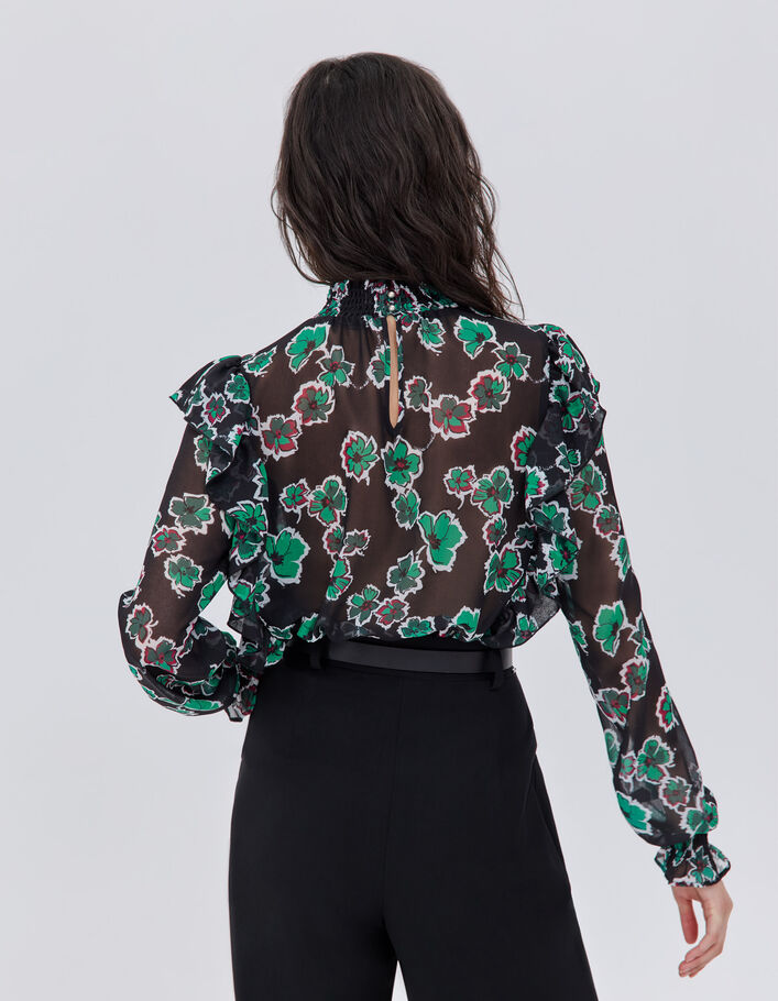 Blouse noire imprimé maxi floral à volants Femme