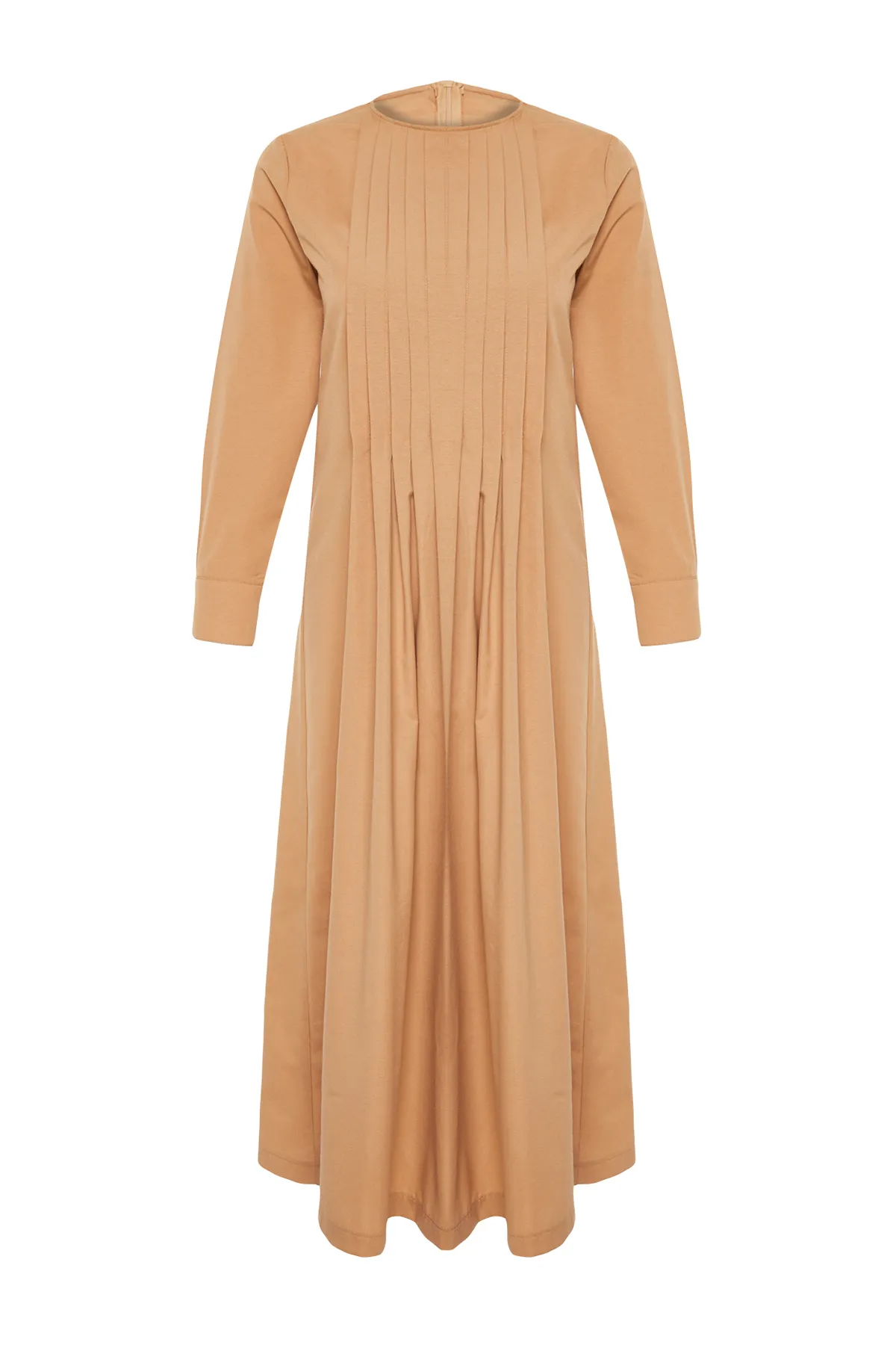 Trendyol Modest  Beiges, plissiertes, detailliertes, bequemes Webkleid TCTSS24EB00128