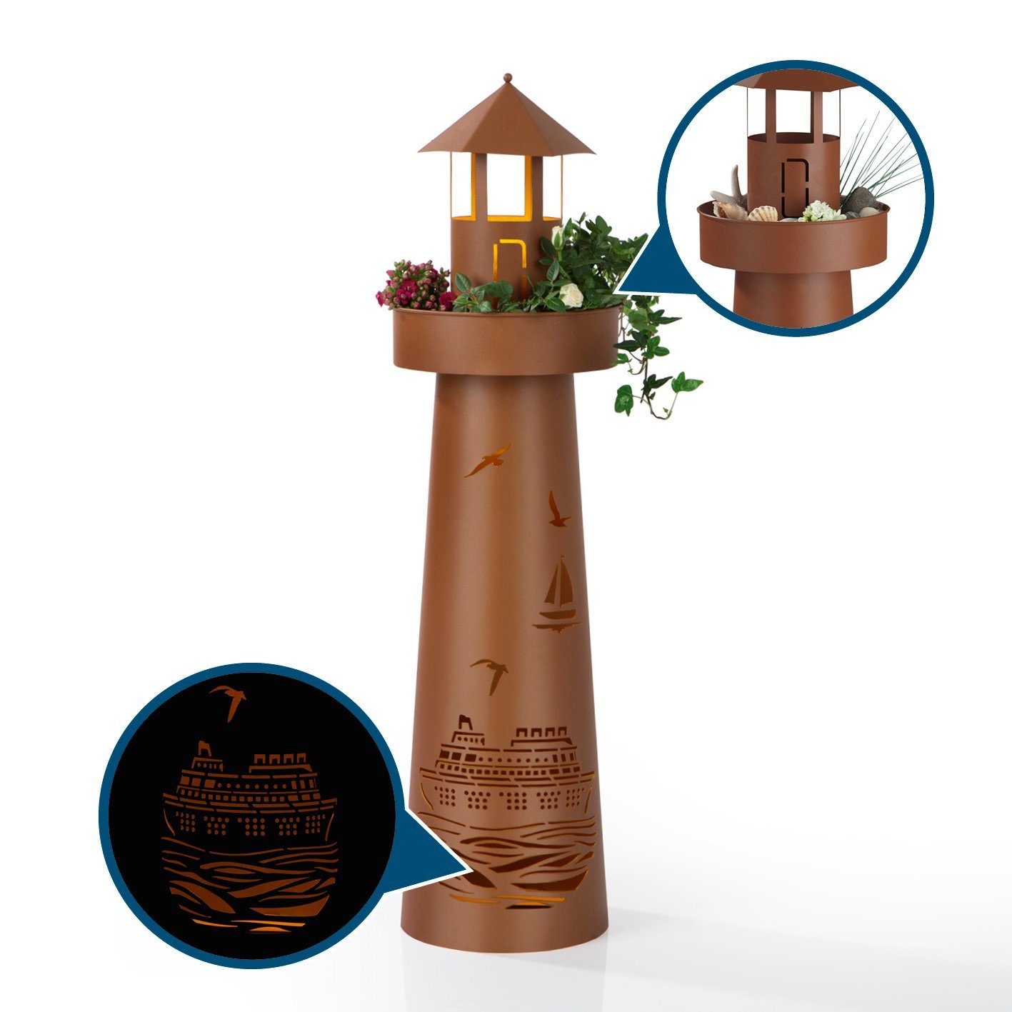 Hoberg Dekosäule LED Deko-Leuchtturm in Rost-Optik - 80cm, XL Garten Deko Säule Außen Beleuchtung Pflanzschale Pflanzsäule