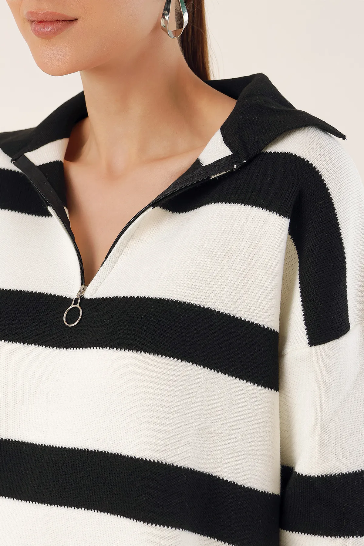 Bigdart  4512 Gestreifter Oversize-Pullover – Schwarz