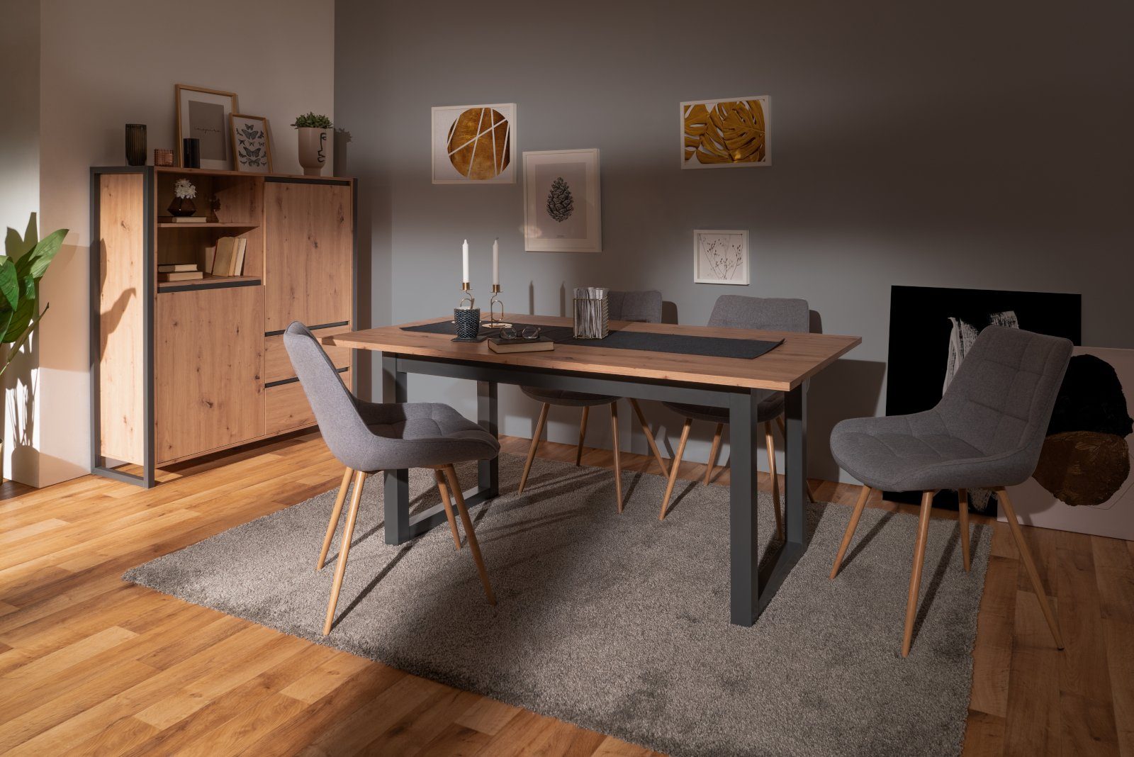 Finori Esstisch Denver (Küchentisch in Artisan Eiche und Anthrazit, ausziehbar 160 - 200 cm), Industrial Design, für bis zu 8 Personen