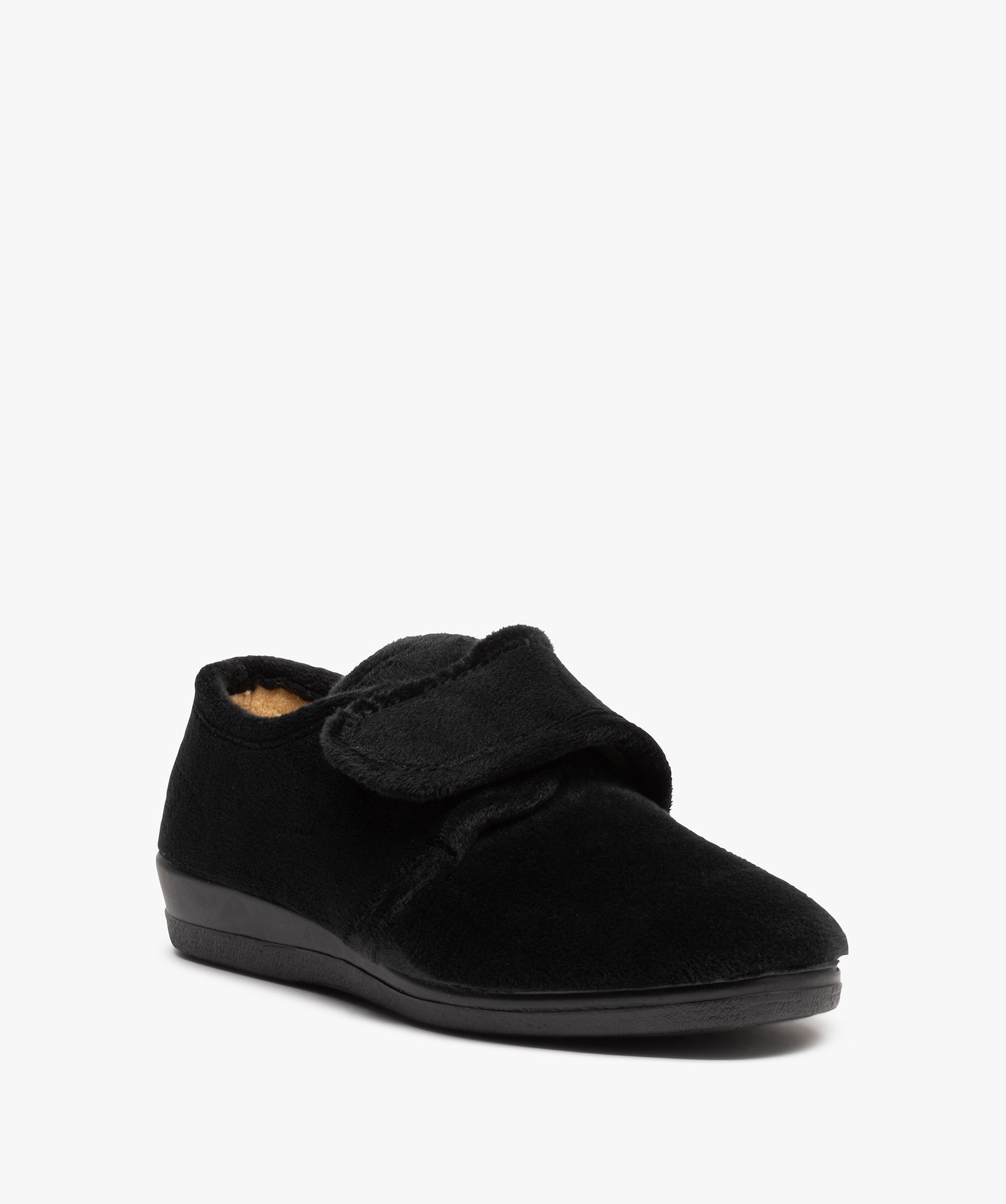 Chaussons femme confort en velours uni et bride scratch noir | GEMO