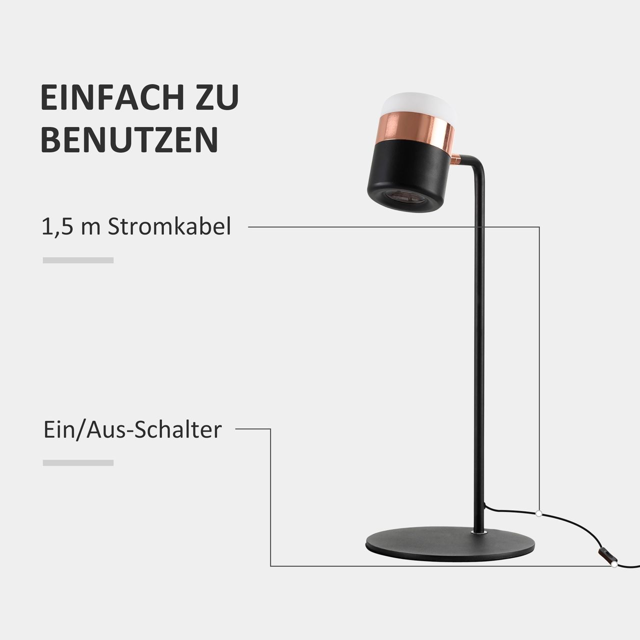 HOMCOM Tischlampe Nachttischlampe Tischleuchte LED 90° verstellbar Industrial Stil Metall Schwarz Gold 27 x 24 x 51 cm