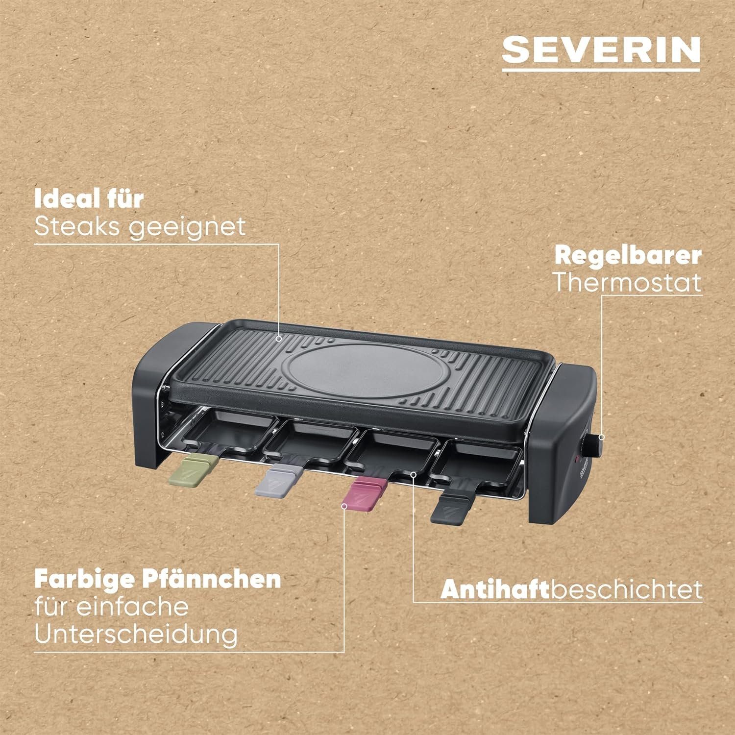 Severin Raclette Raclette-Grill, Raclette mit Grillplatte und 8 Raclette Pfännchen