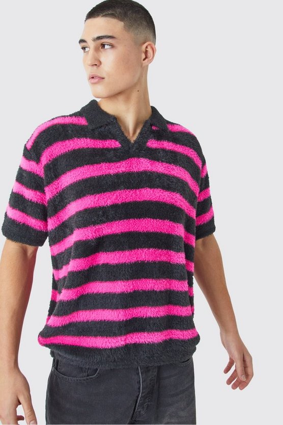 Flauschiges gestreiftes Oversize Poloshirt