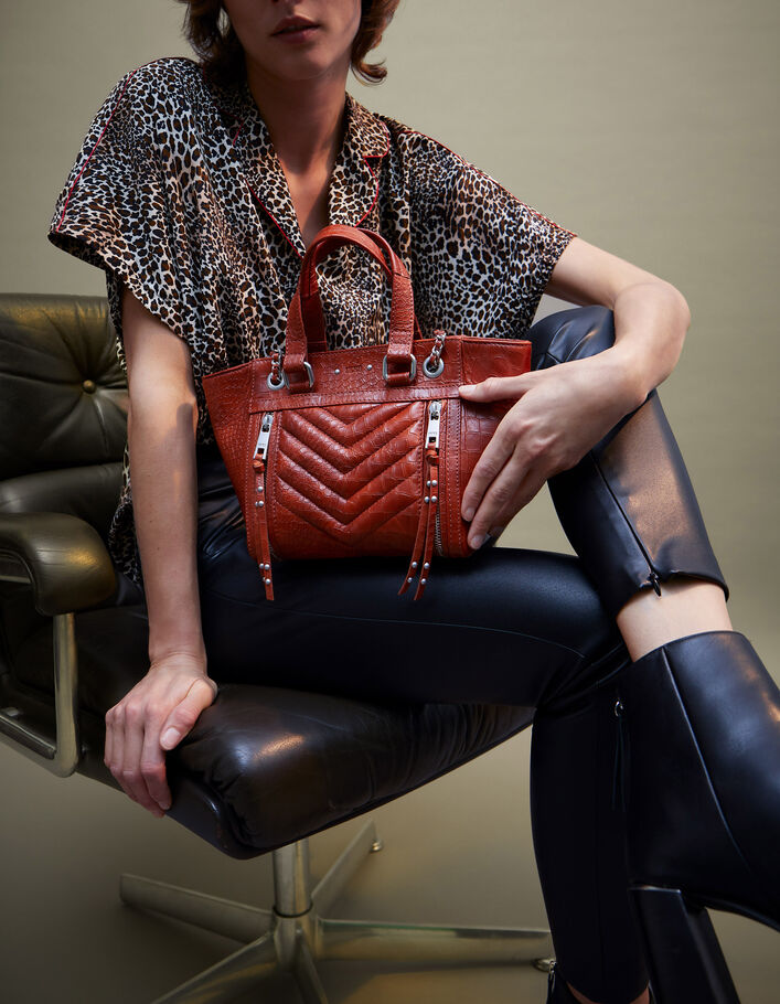 Sac cabas 1440 Small orange cuir embossé croco Femme