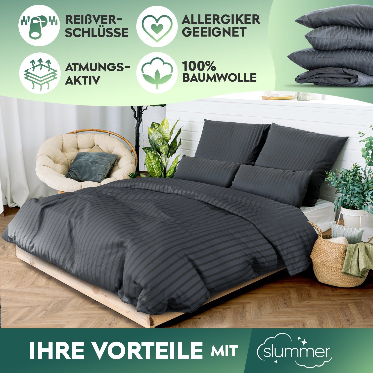 Bettwäsche Damast in Gr. 135x200 cm, 155x220cm, 200x200cm anthrazit, Slummer, Damast, 2 teilig, 100% Baumwolle, Kissenbezug 80x80cm, YKK- Reißverschluss