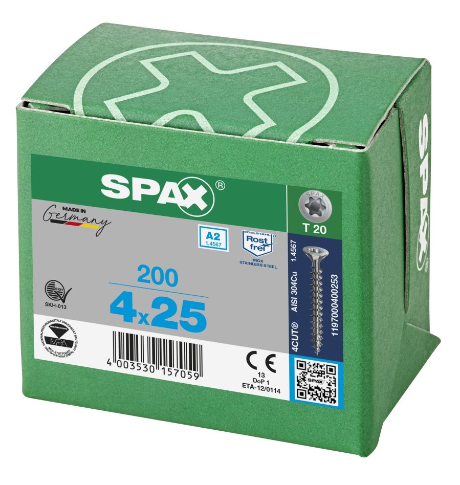 Parafuso SPAX 1197000400253 em aço inoxidável, 4 x 25 mm, rosca completa, cabeça escareada, T-STAR T20 - 200 peças