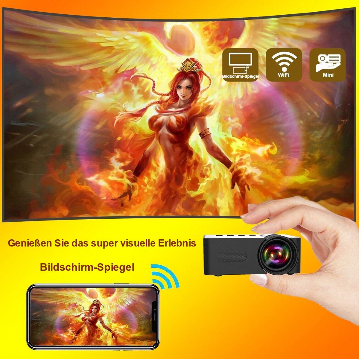 Yoyaxi Home Black Micro tragbarer Mini-Projektor LED-Beamer (Drahtlose HD-Projektion für kleine Mobiltelefone für zu Hause)