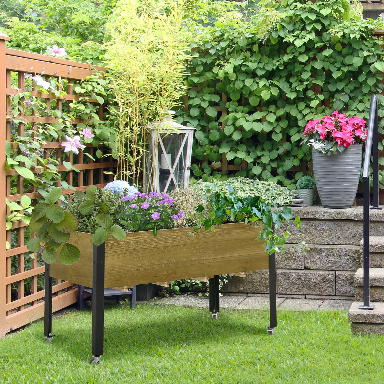 Outsunny Hochbeet mit Rädern Pflanztisch mit Abfluss Massivholz Vliesstoff