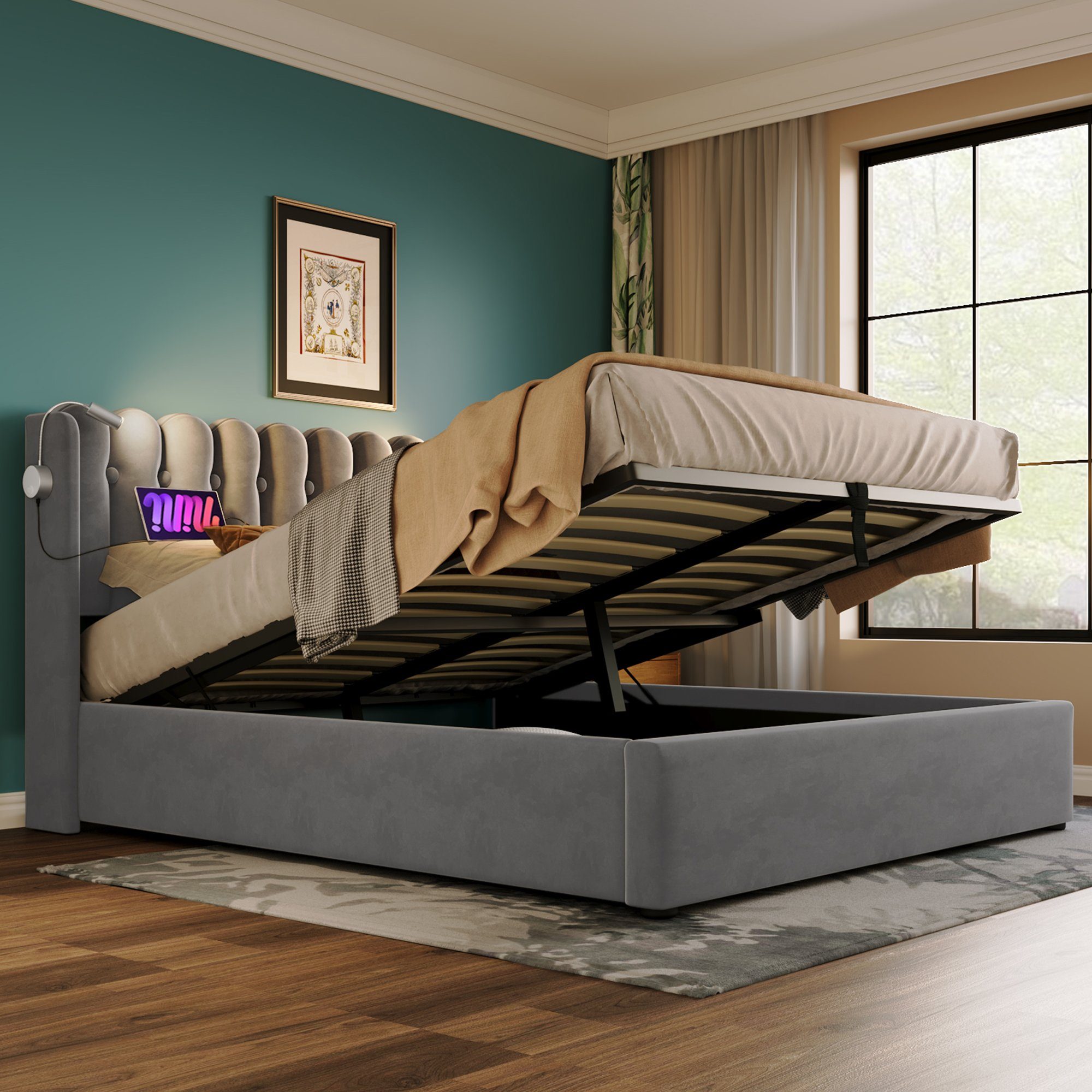 Fangqi Polsterbett 90x200 gepolstertes Bett,2 Leselampen,USB-Aufladung,großer Bettkasten (Einzelbett, Jugendbett, Familienbett, Weicher Bettrahmen, USBx2, Leselampex2, Bettkasten), Bettkasten mit Oxford-Tuch, Eisenrahmen, Gasdruckfederbetten