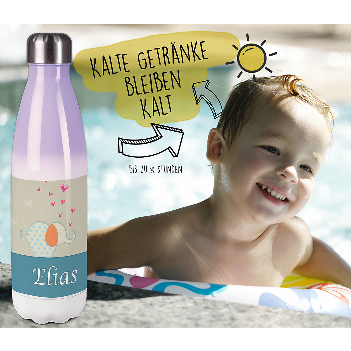 Edelstahl Kinder Thermoflasche / Trinkflasche bunt Elefant Farbe blau orange Spülmaschinenfest, Auslaufsicher, Bruchfest, Doppelwandig, Für Heißgetränke geeignet, Mit Deckel, Isoliert