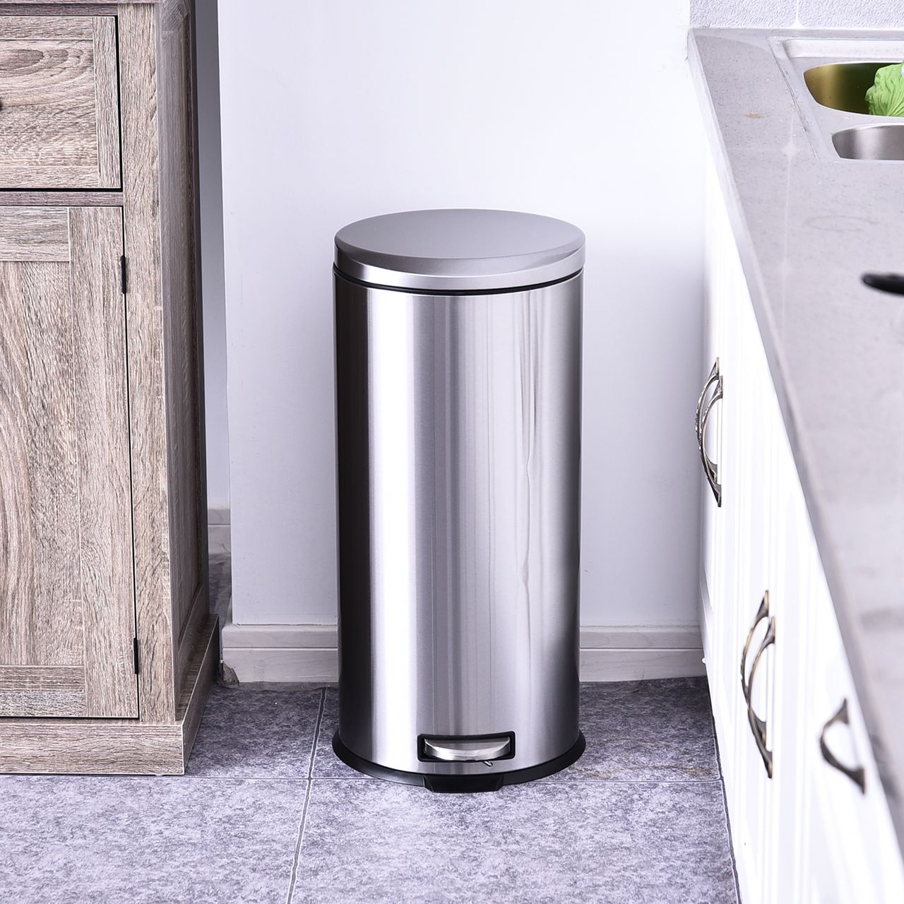 HOMCOM Abfalleimer Mülleimer Treteimer mit Inneneimer 30 L Soft Schließen Edelstahl PP Ø29,2 x H62,5 cm