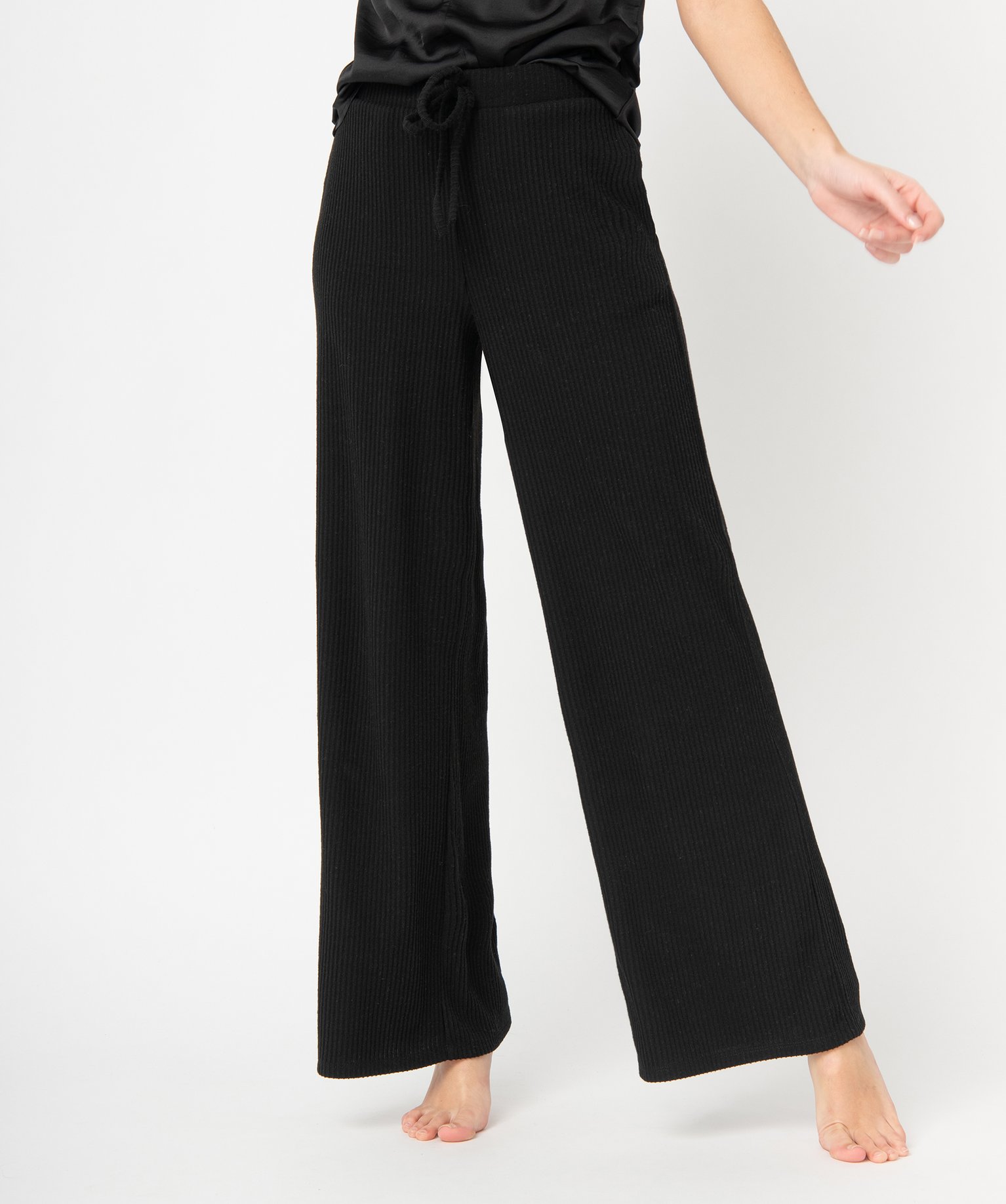 Bas de pyjama femme large en maille ctelée extra douce noir | GEMO