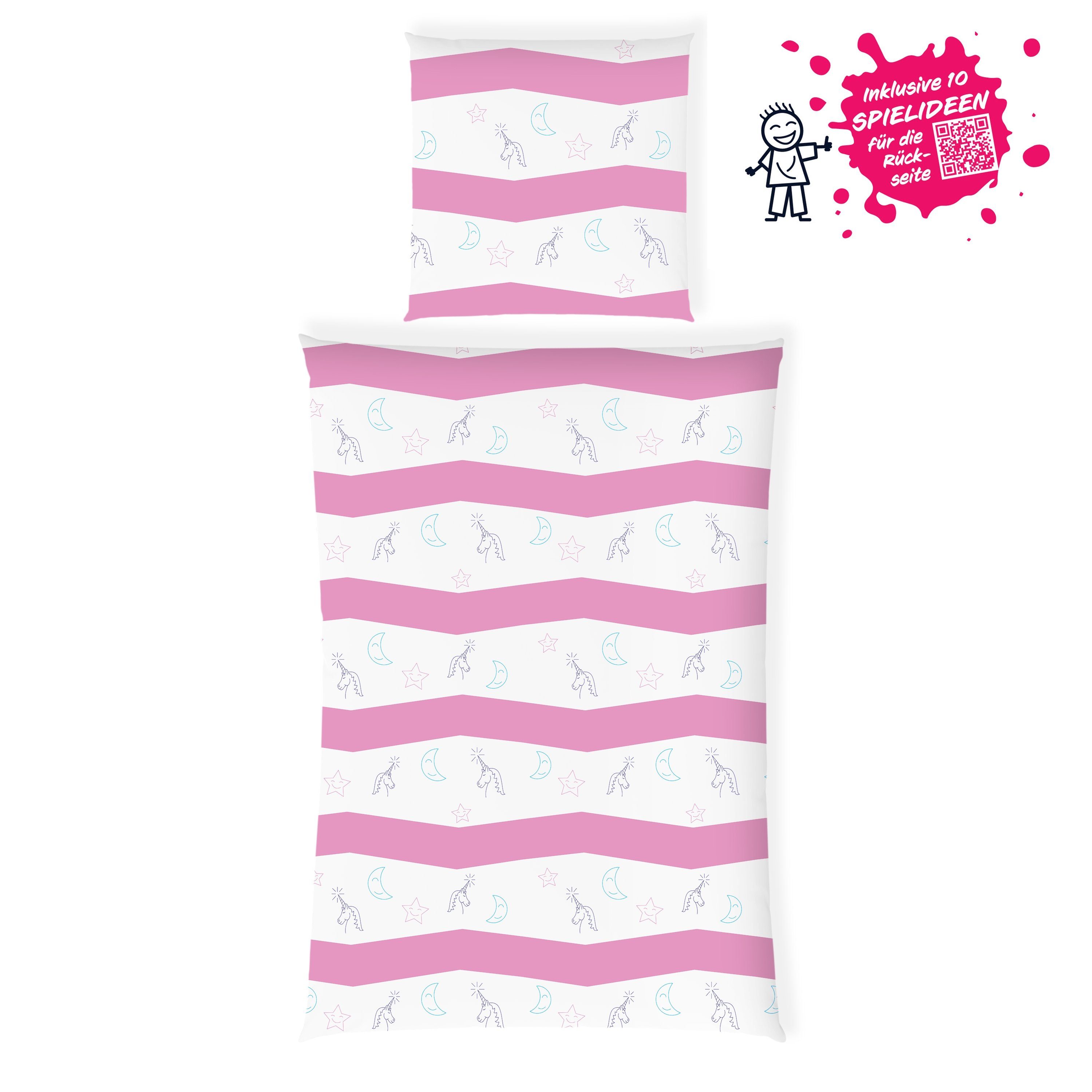 Kinderbettwäsche Leuchtende Bettwäsche 135x200 Unicorn Bettwäsche Kinder + 10 SPIELE, Carpe Sonno, Baumwolle, 2 teilig, GLOW IN THE DARK Einhorn Bettwäsche Mädchen