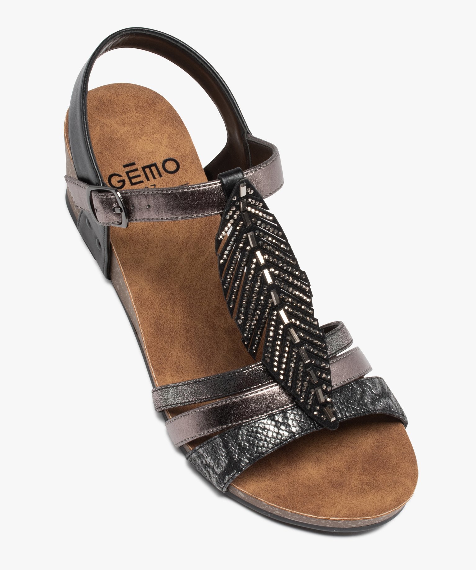 Sandales femme compensées avec plume ornée de strass noir | GEMO
