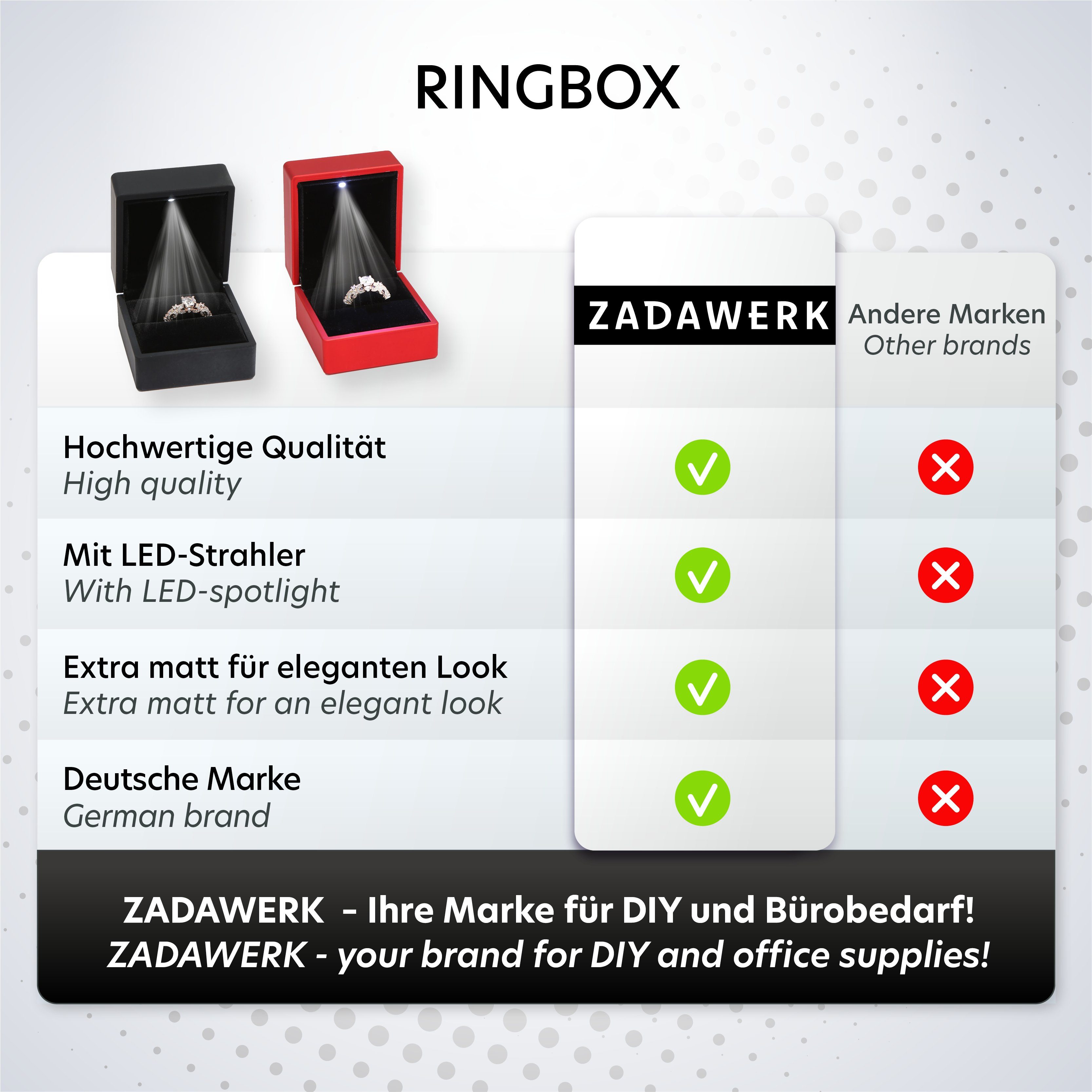 ZADAWERK Schmucketui Ringbox mit LED (ROT), Schmuckdose mit Beleuchtung