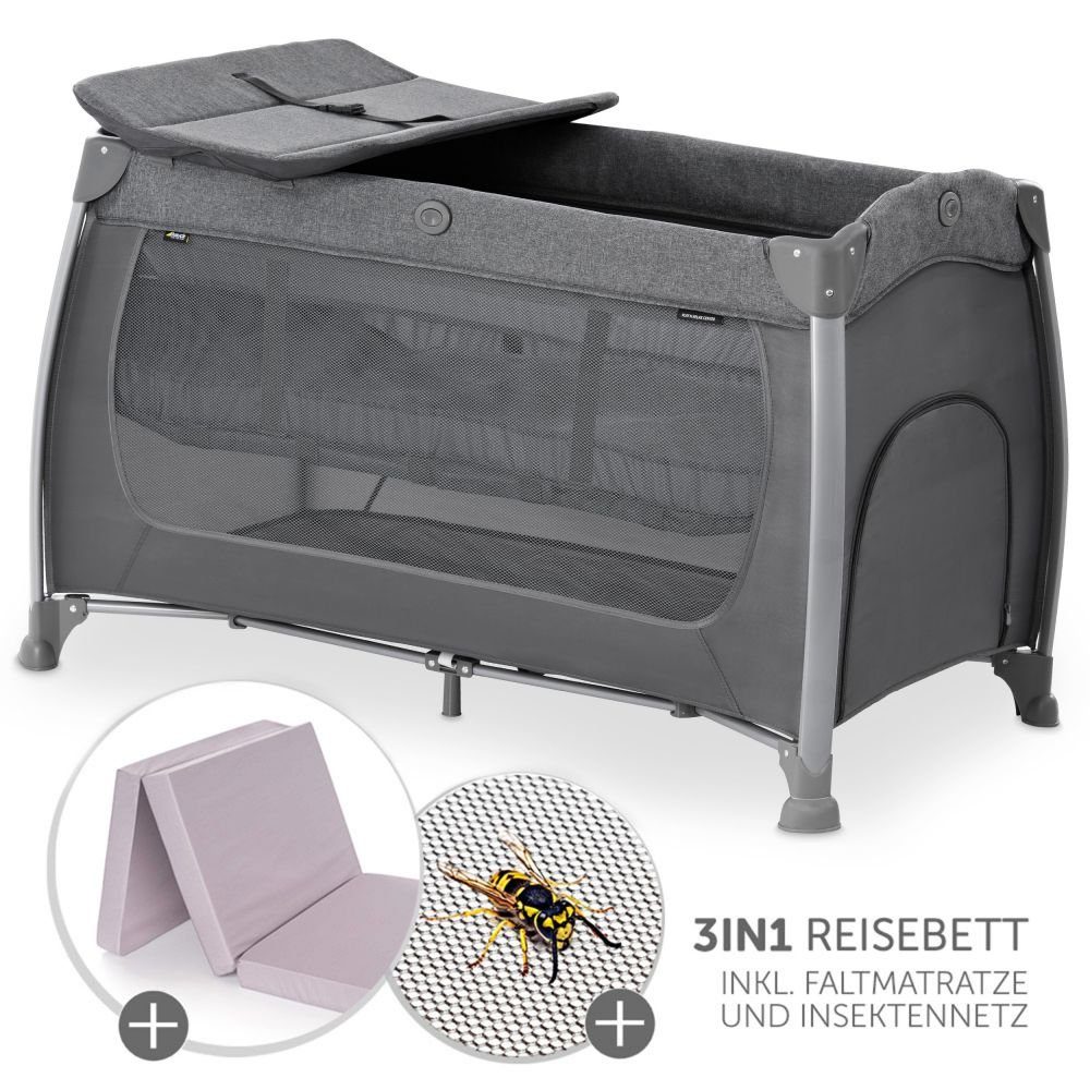 Hauck Baby-Reisebett Play'n Relax Center - Melange Charcoal, 7-tlg., Kinderreisebett mit Matratze, Insektenschutz, Wickelauflage - faltbar
