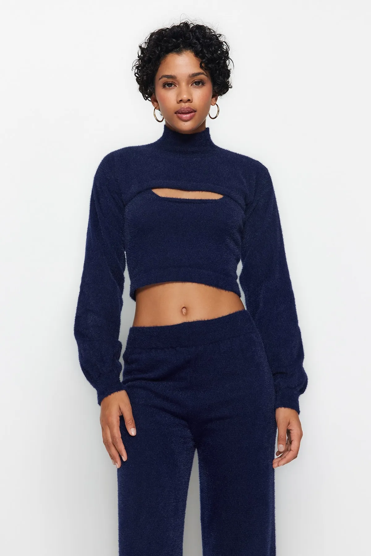 Trendyol Collection  Marineblaues pelziges 3-teiliges Strickoberteil- und -unterteil-Set TWOAW24AU00004