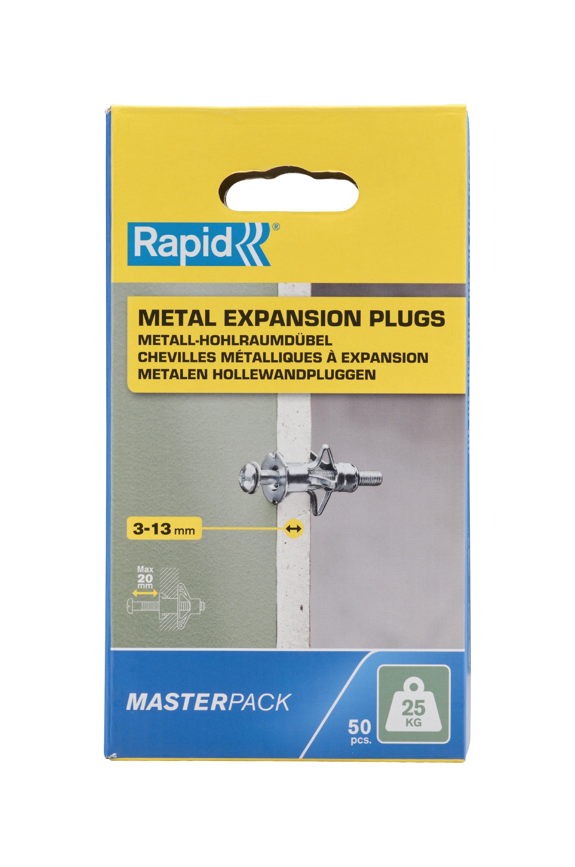 Rapid 5001560 Hollow wall plug 50 pieces for 3-13 mm board thickness, 25 kg load capacity