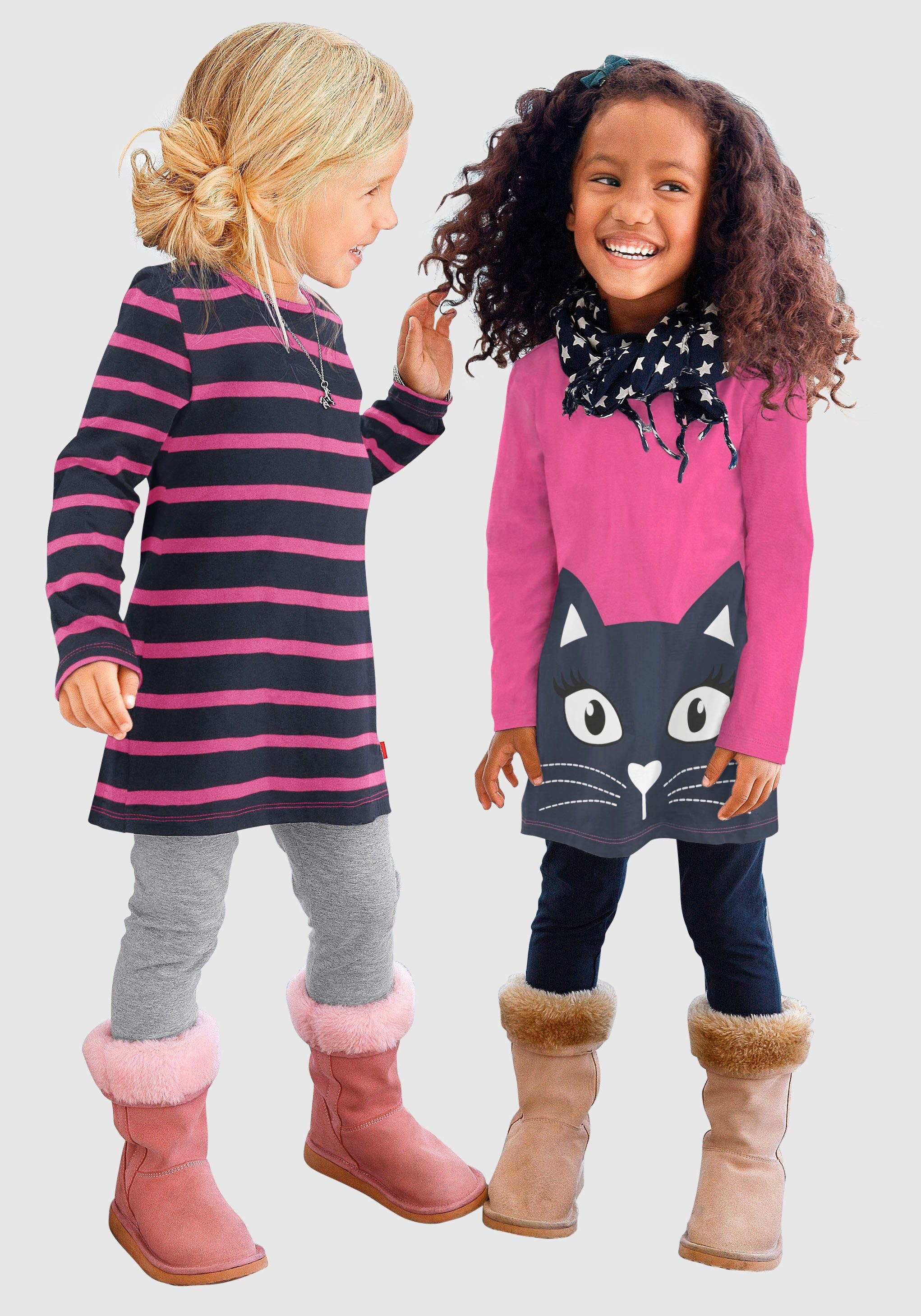 KIDSWORLD Longshirt (2-tlg., 2er-Pack) mit großem Print und schönen Streifen