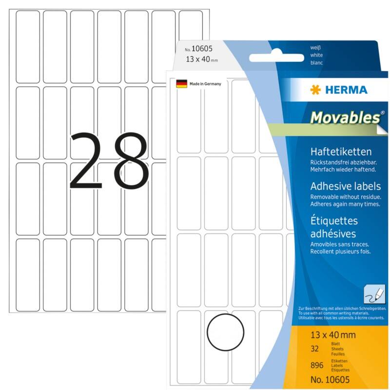 HERMA Mehrzwecketiketten 10605 Weiß Rechteckig 13 x 40 mm 32 Blatt à 28 Etiketten