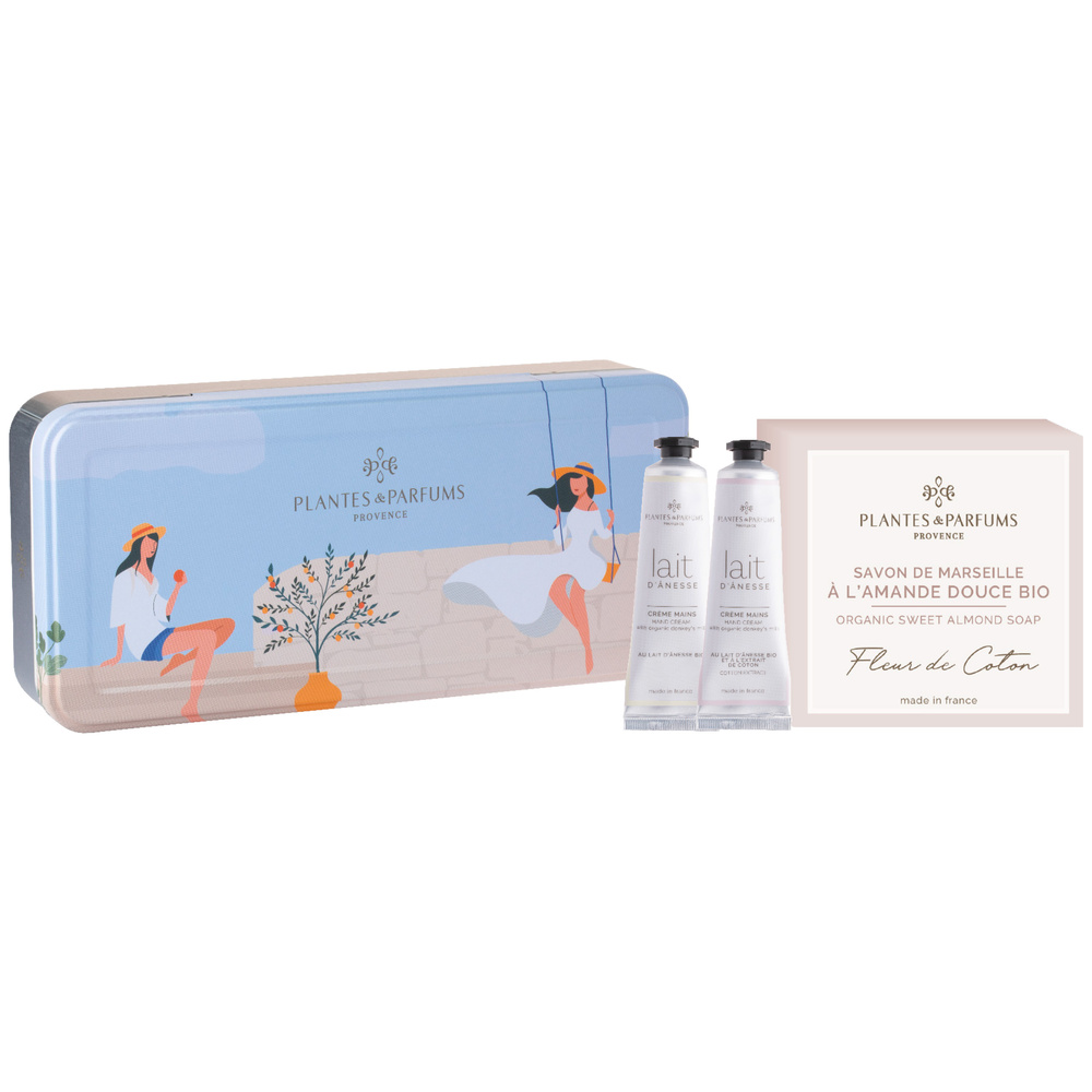 Plantes et Parfums 2 Crèmes Mains au Lait d'Ânesse   - savon parfum Fleur de Coton Boîte Métal Rectangulaire