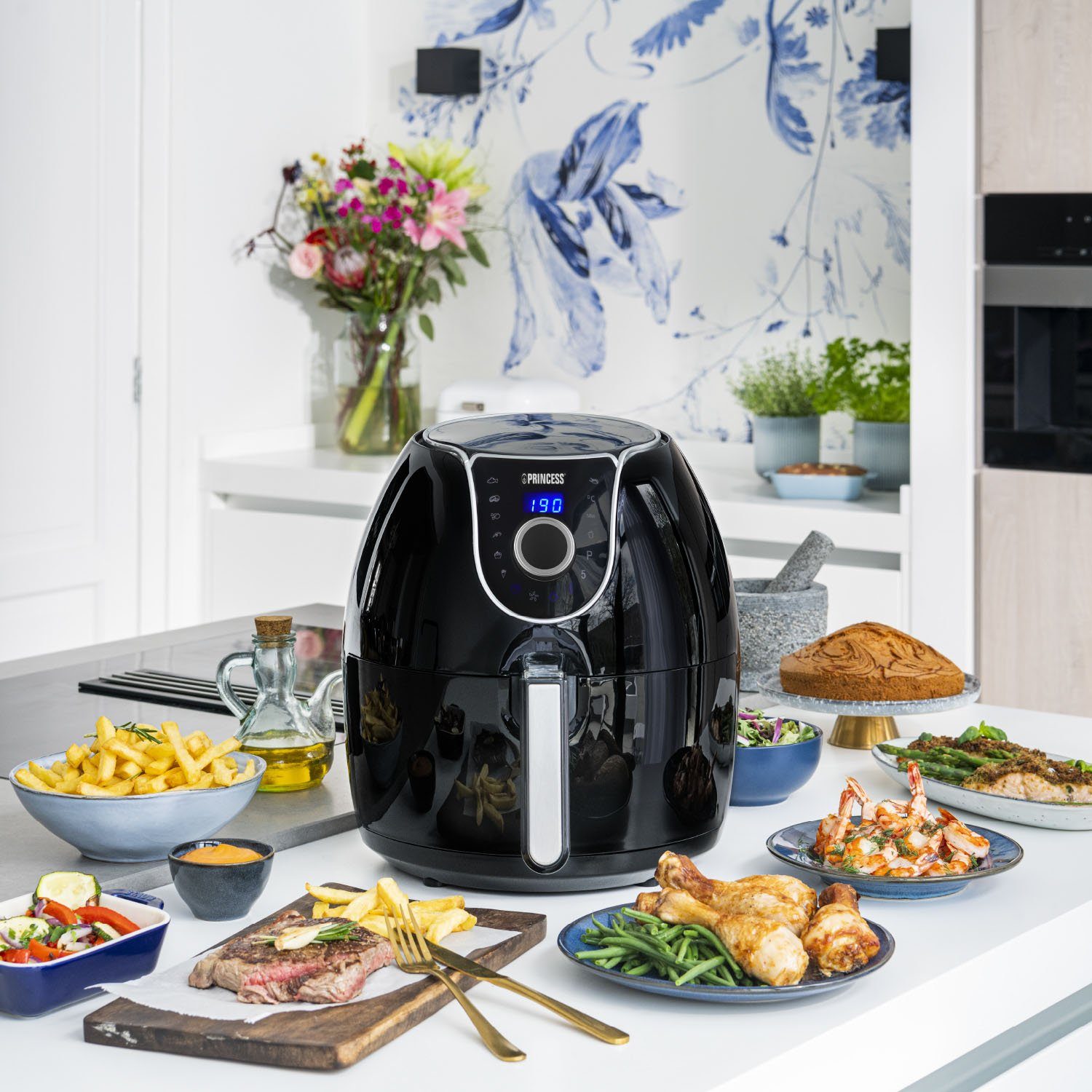 PRINCESS Heißluftfritteuse XXL 182055, 1700 W, digitales Display mit 8 Programmen, 5,2L