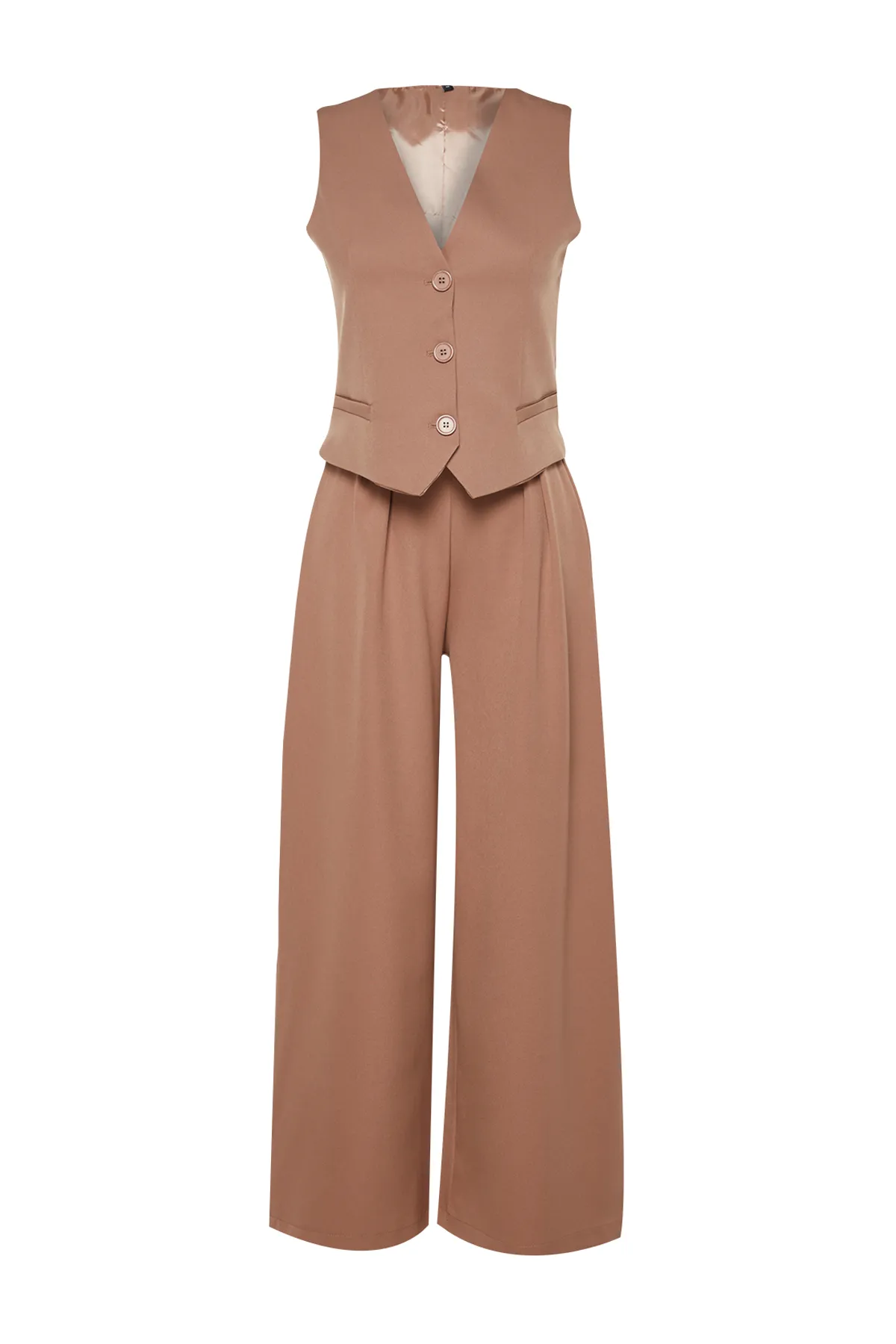 Trendyol Modest  Kamelfarbenes Set aus Weste und Hose aus gewebtem Oberteil und Unterteil TCTAW24US00066
