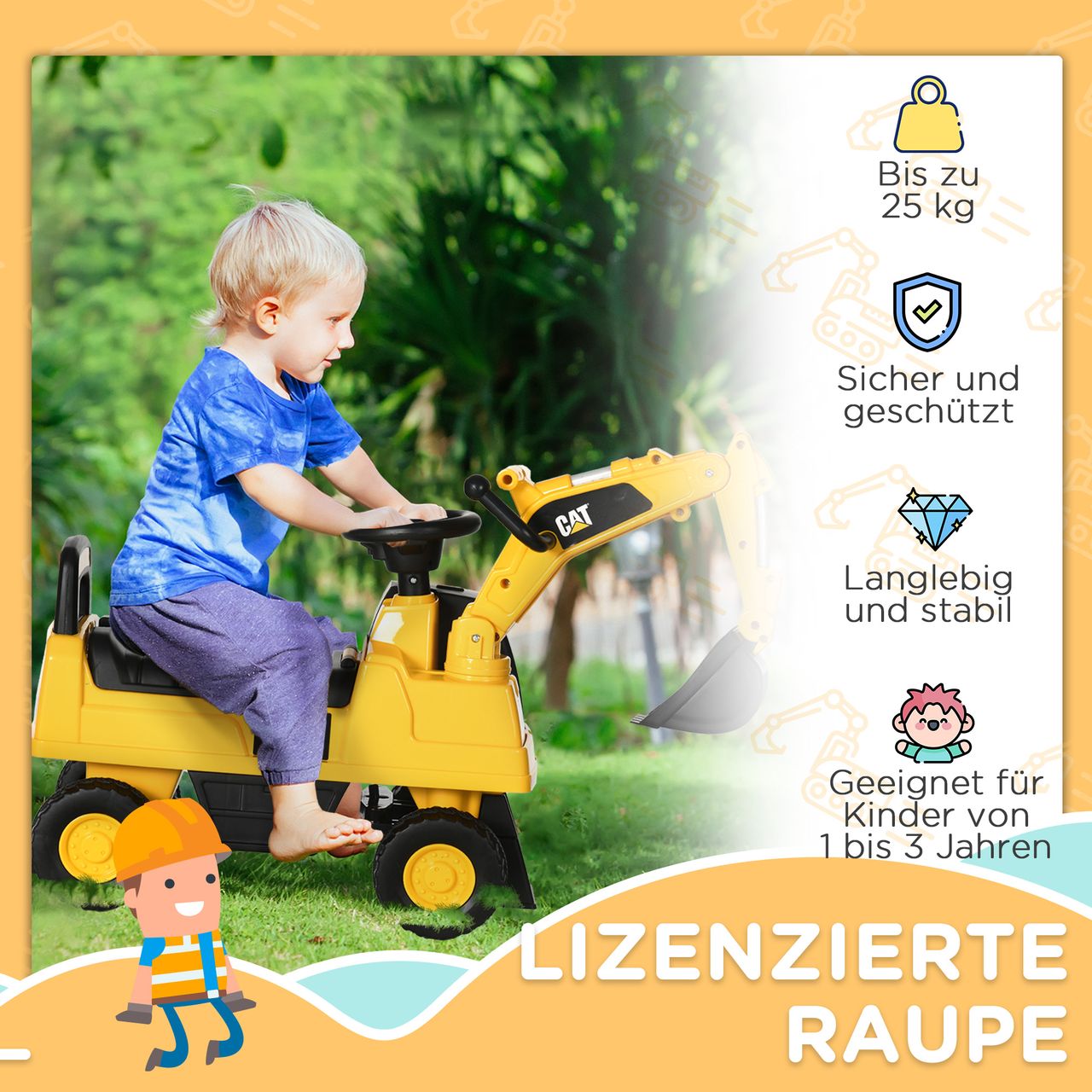 HOMCOM Sitzbagger, Rutscherfahrzeug mit Schaufel, Aufsitzbagger, Rutschauto