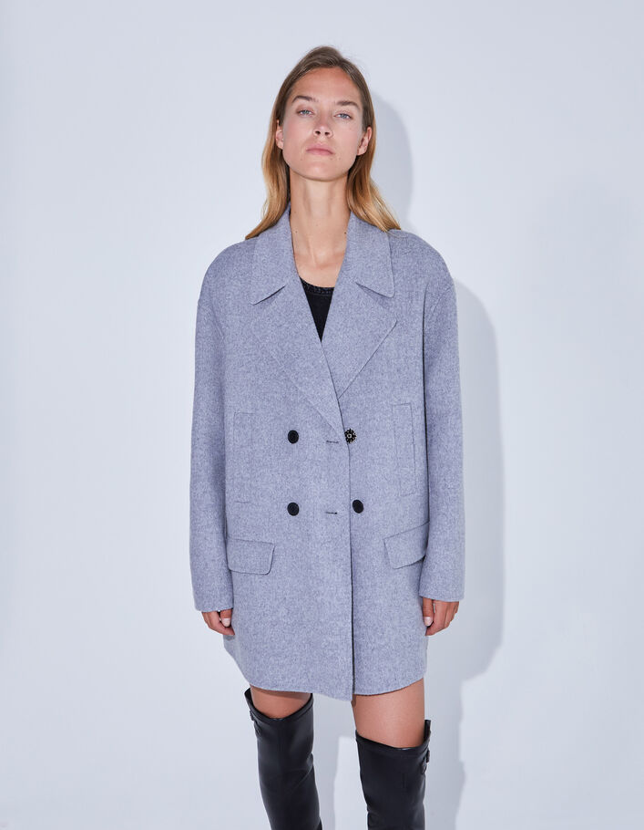 Manteau gris mi-long avec bijou strass Femme