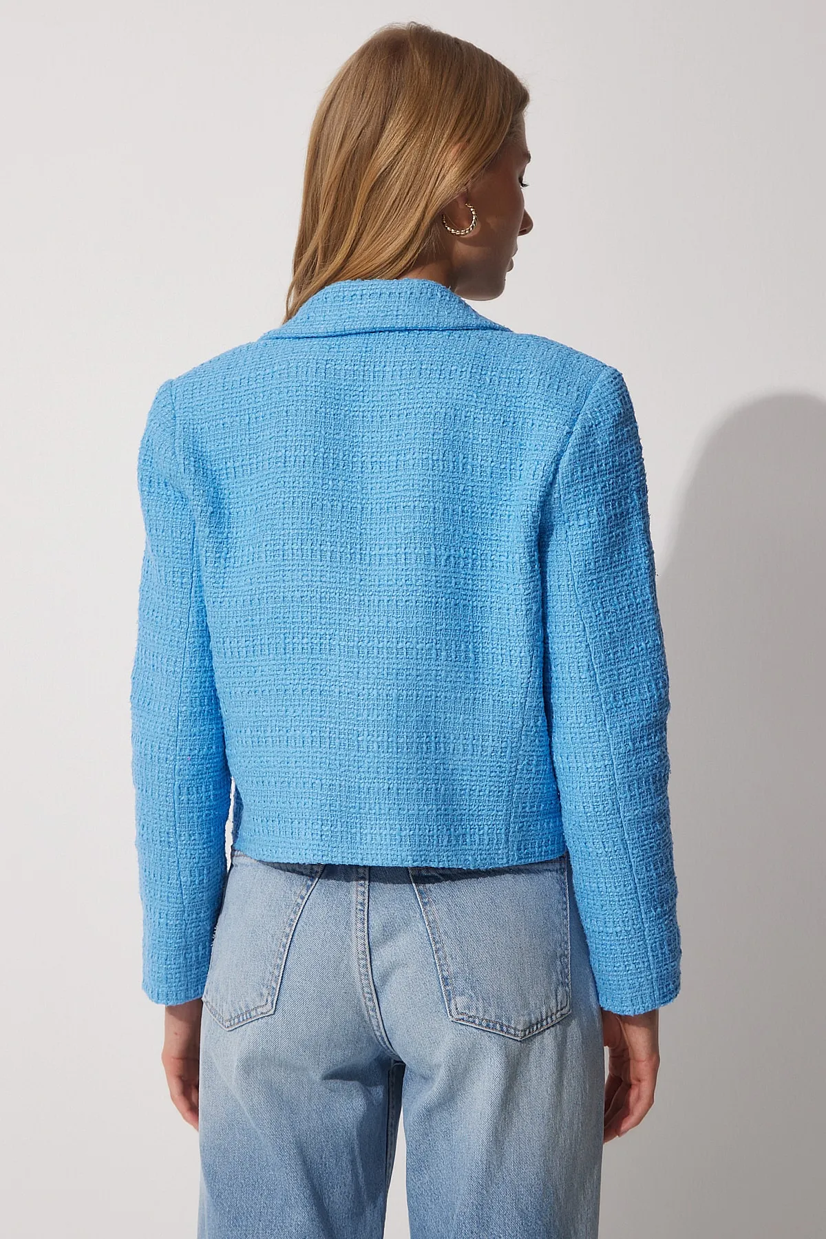 Happiness İstanbul  Kurze zweireihige Tweedjacke für Damen in Blau WF00017