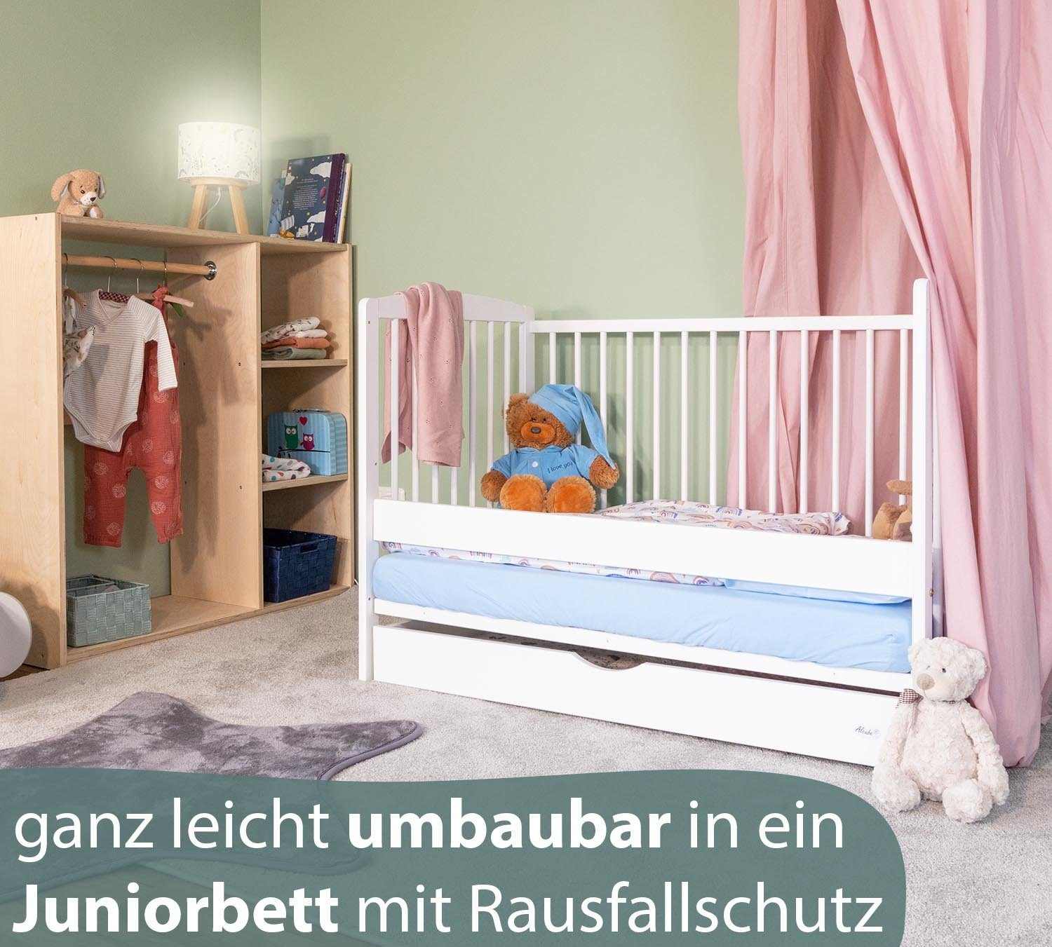 Alcube Babybett Emmi I Entdecken Sie unser Babybett - perfekt für Ihr Baby! BESTSELLER, 60x120 cm aus Kiefernholz inkl. Lattenrost und Rausfallschutz