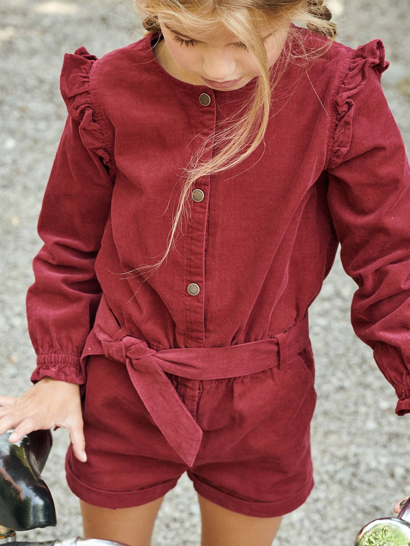 Combinaison courte en velours fille à volants brique