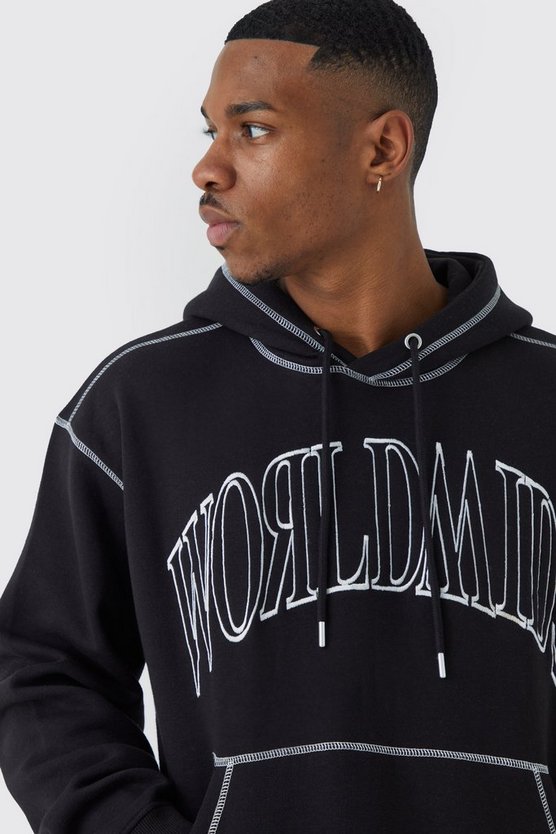 Oversize Worldwide Hoodie mit Kontrast-Naht